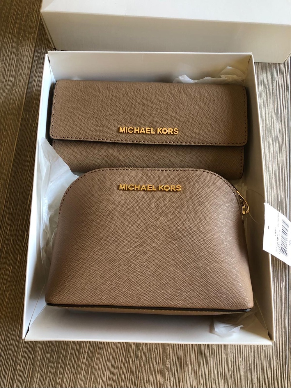 Michael Kors Taupe Saffiano Wallet and Cosmetic Pouch Set